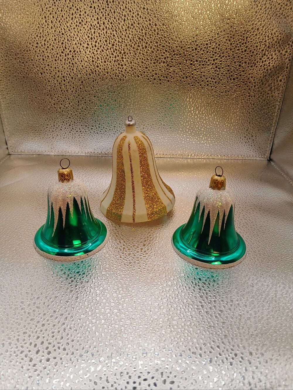 3 Vintage Christmas Tree Ornaments Plastic Bells Striped Frosted
